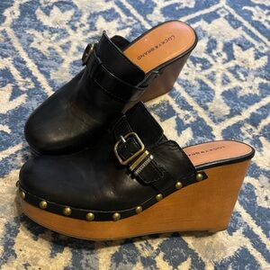 Lucky Brand Black and Brown Wedge Mules